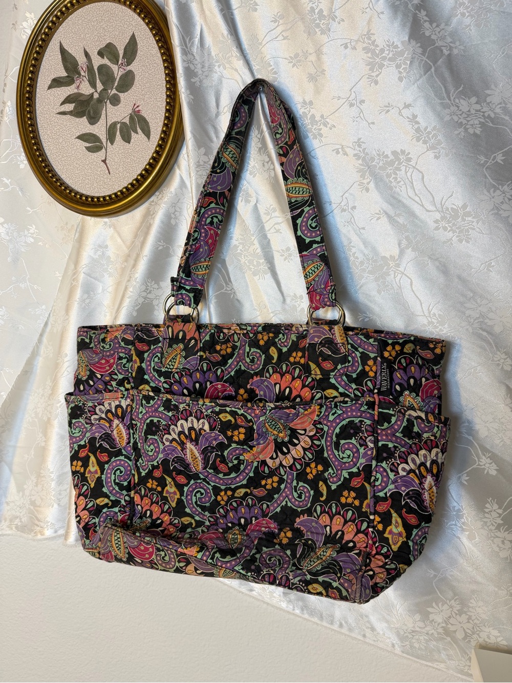 Waverly Quilted Paisley Tote Bag - Black, Purple & Pink Accents